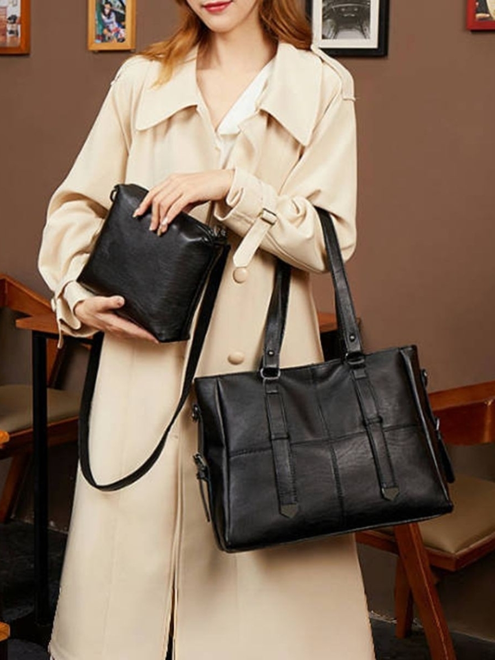 Black Vegan Leather Travel Tote with Crossbody Pouch Handbag